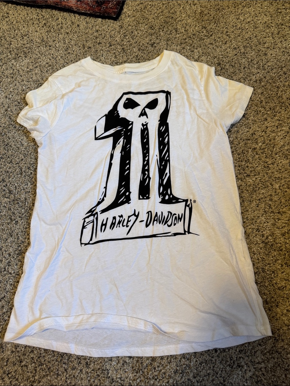Harley-Davidson White Short Sleeve Tee with Black Skull Number 1 Graphic